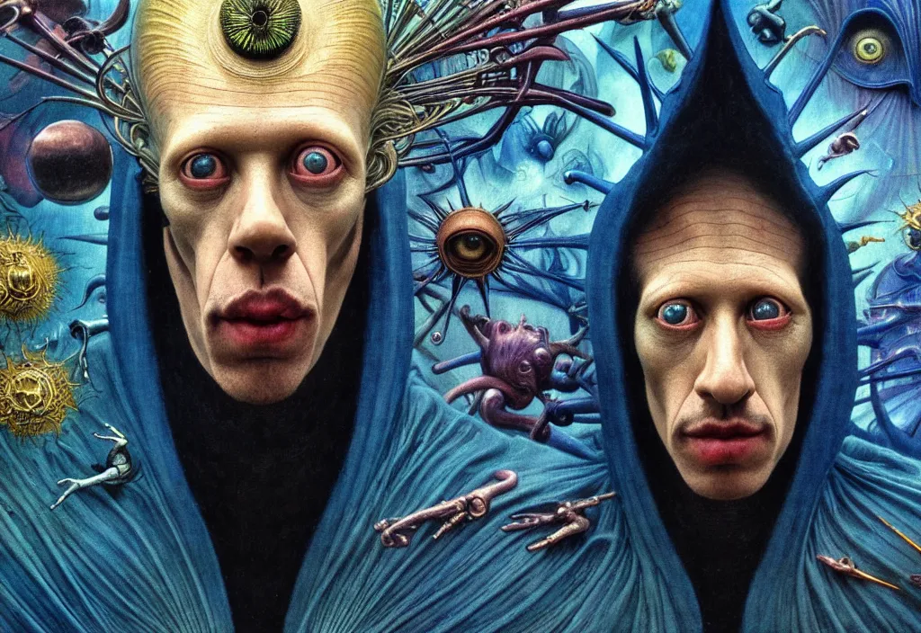 Image similar to realistic detailed portrait movie still of a birdman wearing dark robes, surreal sci fi landscape background by denis villeneuve, amano, yves tanguy, alphonse mucha, ernst haeckel, max ernst, roger dean, masterpiece, rich moody colours, blue eyes, snarling dog teeth