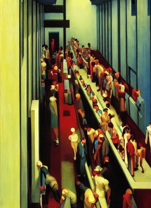 Prompt: crowd in line at art deco hospital painting by Edward Hopper and James Gilleard, Zdzislaw Beksinski highly detailed