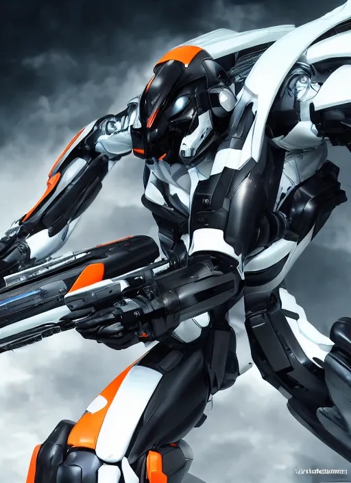 Image similar to a Photorealistic dramatic hyperrealistic full frame render of a Sleek futuristic exosuit Freedom Formula Racing Mech,Ultra realistic details,glossy white metal,Orange racing stripes,weathered surfaces,by Hidetaka Tenjin,Yoh Yoshinori,Yoji Shinkawa,Masamune Shirow,Beautiful dramatic dark moody tones and lighting,cinematic atmosphere,studio lighting,shadows,dark background, Octane render,8K