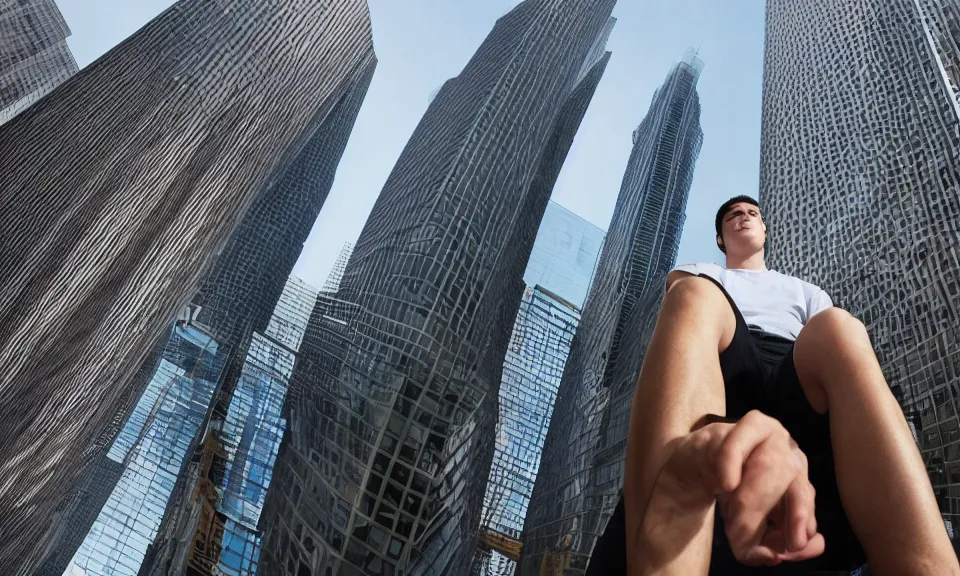 Prompt: giant handsome young man sits next to a skyscraper, blocking traffic with his legs. worm's eye view, extreme angle, depth of field, massive, colossal, humongous, breathtaking, awe - inspiring