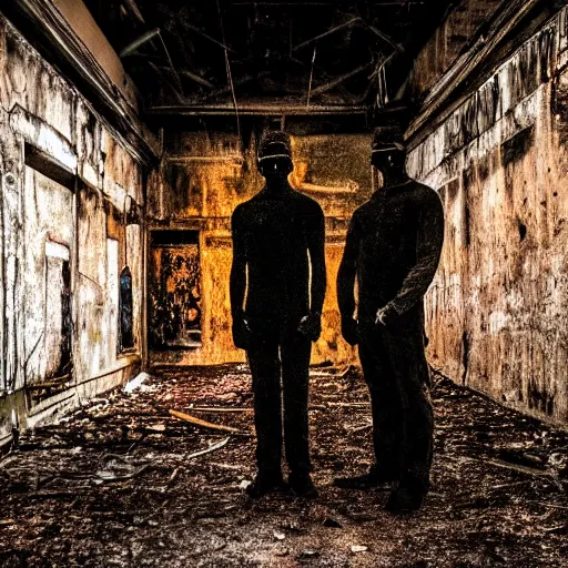 Image similar to grainy photo of three dark human figures with glowing eyes in a dark abandoned rusty factory at night taken with a camera flash