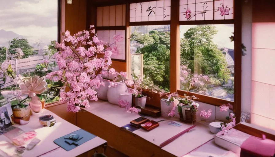 Image similar to 1 9 9 0 s candid 3 5 mm photo of a beautiful day in the a dreamy japanese flowery cottage designed by gucci, cinematic lighting, cinematic look, golden hour, a desk for flower arrangements and journaling has sun shinning on it through a window, temple in the distance, photographed by petra collins, uhd