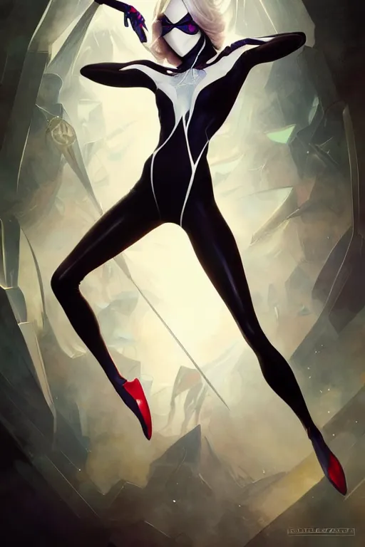 Image similar to elegant spider gwen aeon flux profile picture by greg rutkowski, dynamic pose, intricate, futuristic, fantasy, elegant, by stanley artgerm lau, greg rutkowski, thomas kindkade, alphonse mucha, loish, thierry mugler, norman rockwell,