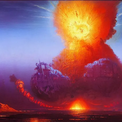 Image similar to A gigantic colossal Atomic explosion in Mumbai, by Bruce Pennington, by Wayne Barlowe, by Greg Rutkowski, oil on canvas, masterpiece, detailed, dynamic, cinematic composition, beautiful lighting, view from ground, trending on artstation, top on pixiv, 8K, no frames,