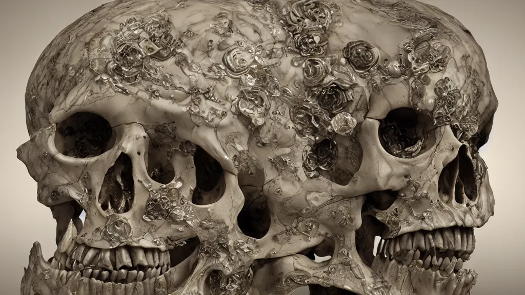 Prompt: skull of mystery, an epic sculpture made of marble and ivory, by gustave dore, by emil melmoth, by alphonse mucha, hell, sculpture standing on in a large studio space, monumental, epic, rococo, generative, detailed, intricate, volumetric lighting, realistic, octane render, 2 0 % pearlescent detailing