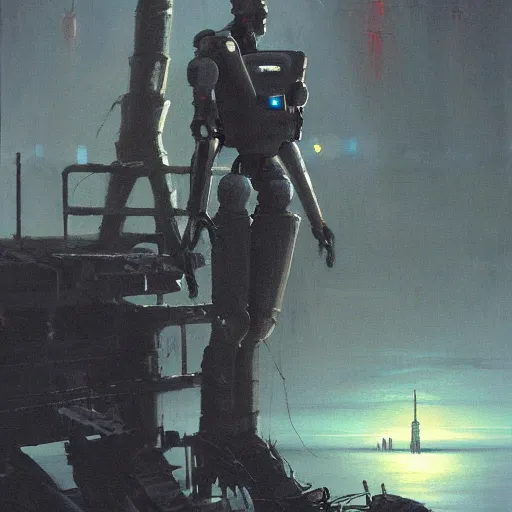 Image similar to barry wyatt and anthony beks and robots in morning misty misty japanese post - apocalyptic post - apocalyptic sci - fi painting by gerald brom trending on artstation my head got chopped off and replaced with iceberg