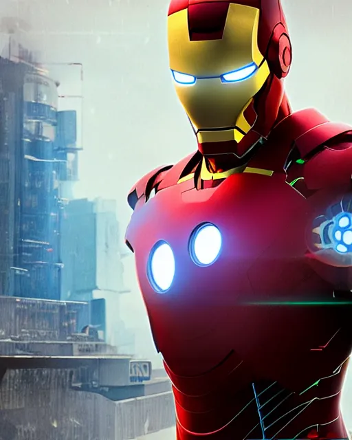 Image similar to super high resolution photorealistic cyberpunk super man mixed with iron man