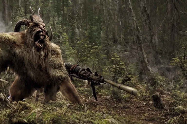 Image similar to vfx movie closeup detailed ancient warrior orc hunting elk in the forest, natural lighting by emmanuel lubezki