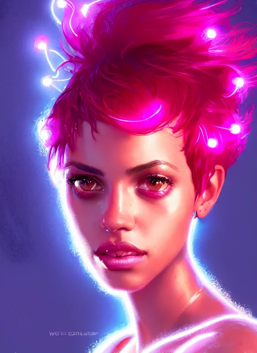 Image similar to portrait of vanessa morgan with bright pink hair, curly pixie cut hair, intricate, elegant, glowing lights, highly detailed, digital painting, artstation, concept art, smooth, sharp focus, illustration, art by wlop, mars ravelo and greg rutkowski