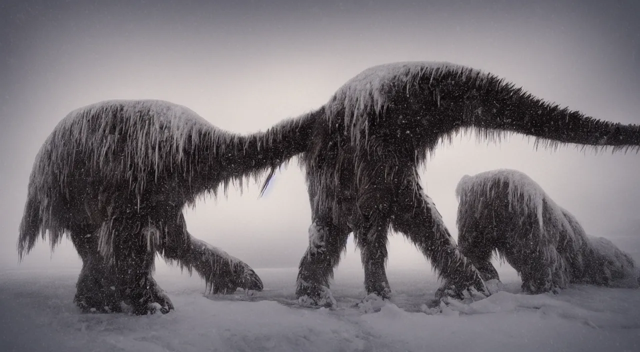 Prompt: “photo of a mechanical mammoth in an arctic storm, fog, snow storm, cold sunset, wind , ice, photoreal”