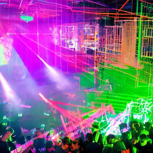 Prompt: A photograph depicting: a large scale acid rave themed 'computer takeover' with lasers and smokemachines