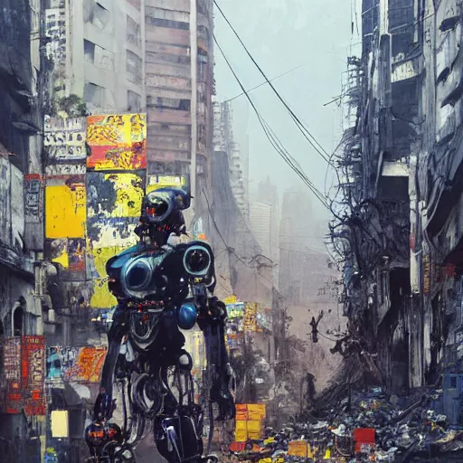 Prompt: a full-metal neon robot sobs when seeing the devastation of cyberpunk La Moneda in Santiago of Chile, oil on canvas by Yoji Shinkawa and Esao Andrews