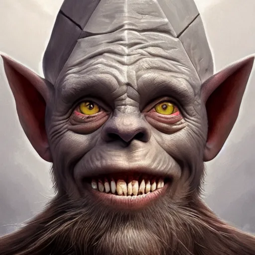 Image similar to Beautiful hyperrealistic detailed matte portrait painting of a grey goblin with head shaped like football and a triangular pignose, by andreas rocha and john howe, and Martin Johnson Heade, featured on artstation, featured on behance, golden ratio, f32, well composed, cohesive