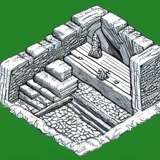 Prompt: isometric view of cave entrance, lineart