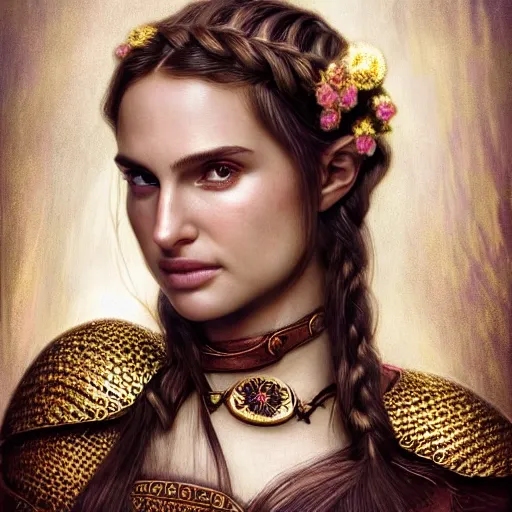 Prompt: head and shoulders portrait of a female knight, young natalie portman, celtic hair braid with flowers, golden etched armor, ruby amulet, lord of the rings, eldritch, by artgerm, alphonse mucha, face detail, etched breastplate, sharp focus, high key lighting, vogue fashion photo