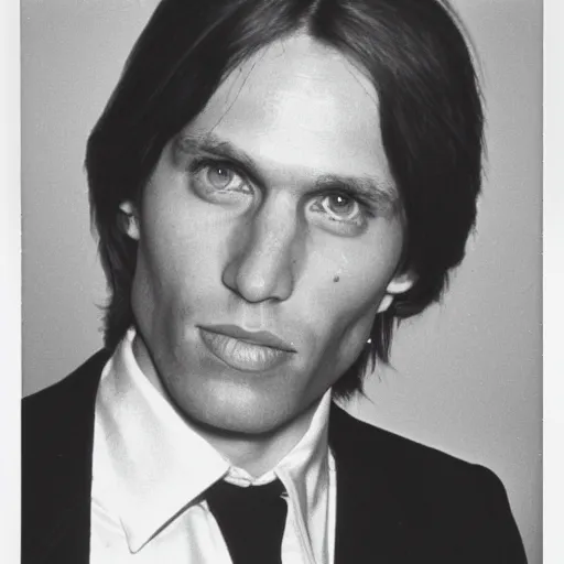 Image similar to A photograph portrait of Jerma985 with medium length wavy hair, a combover and wearing late 1970s popped collared menswear in the late 1970s, taken in the late 1970s, grainy, taken on a 1970s Polaroid Camera, realistic, hyperrealistic, very realistic, highly detailed, very detailed, extremely detailed, detailed, digital art, trending on artstation, front facing, front view, detailed face, very detailed face