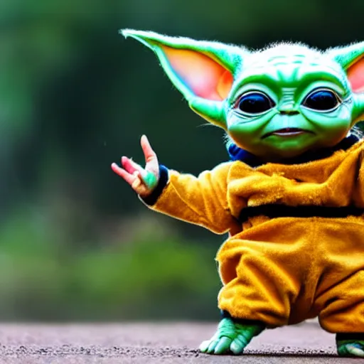 Prompt: baby yoda in a bee costume with antennae and wings flying in epic action pose, 8k selfie photograph