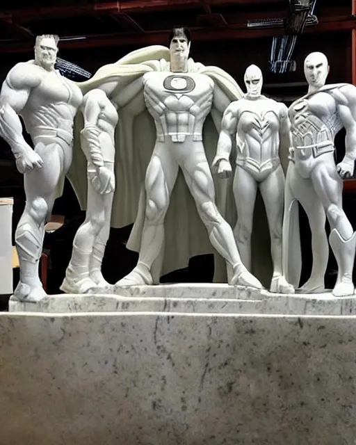 Prompt: a giant white marble sculpture depicting the Justice league, detailed, intricate Marble sculptures of Green Lantern, Flash, Superman, Batman, Wonder Woman, Aquaman and Martian Manhunter all carved out of one giant Block of Marble