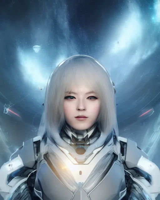 Image similar to photo of a android girl on a mothership, warframe armor, beautiful face, scifi, nebula, futuristic background, galaxy, raytracing, dreamy, focused, sparks of light, pure, long white hair, blue cyborg eyes, glowing, 8 k high definition, insanely detailed, intricate, innocent, art by akihiko yoshida, li zixin, woo kim