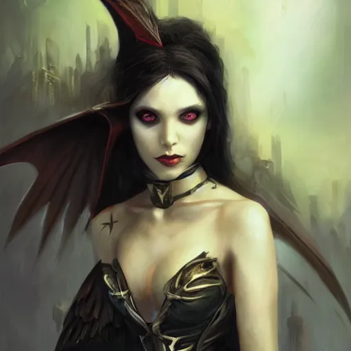 Image similar to raven winged female vampire, fantasy, portrait painted by Raymond Swanland