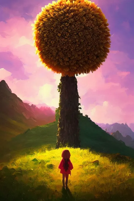 Image similar to giant daisy flower head, girl hiking in the mountains, surreal photography, sunrise, dramatic light, impressionist painting, colorful clouds, digital painting, artstation, simon stalenhag