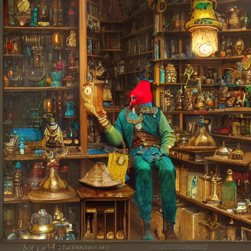 Prompt: A Anthropomorphized parrot trader in his shop, selling his wares, items, gold, carpet, window, D&D, fantasy, intricate, cinematic lighting, highly detailed, digital painting, artstation, concept art, smooth, sharp focus, illustration, art by Akihiko Yoshida, Greg Rutkowski and Alphonse Mucha