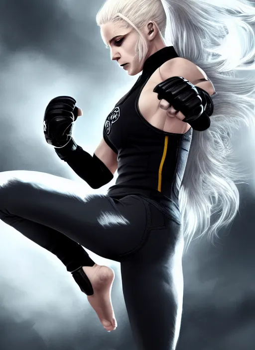 Prompt: a highly detailed illustration of fierce ponytail platinum blonde woman wearing black mma gear and gloves, dramatic powerful kicking pose, fairly muscular, athletic, intricate, elegant, highly detailed, centered, digital painting, artstation, concept art, smooth, sharp focus, league of legends concept art, WLOP