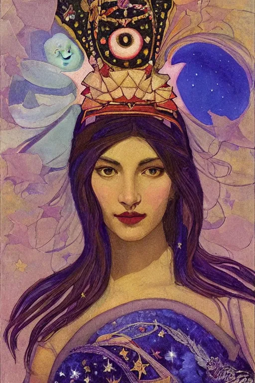 Prompt: queen of night with stars in her hair, by Annie Swynnerton, and Nicholas Roerich and Tino Rodriguez and Diego Rivera , elaborate headdress and embroidered velvet, iridescent beetles, rich color, dramatic cinematic lighting, extremely detailed