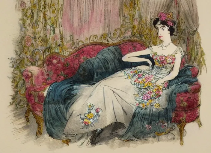 Image similar to Louis Icart, an old elaborate colored drawing of a woman laying eloquently on a sofa, wearing flowing dress with floral motifs, by Louis Icart, highly detailed, masterpiece