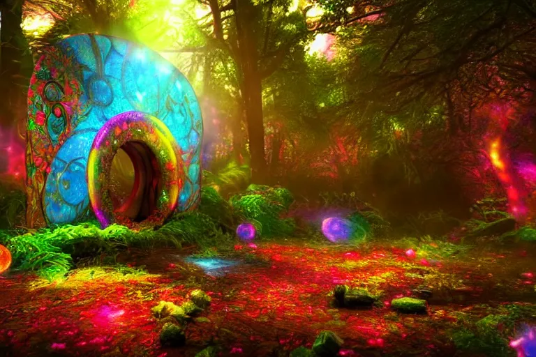 Image similar to a cosmic portal in an enchanted fantasy forest. colorful. cinematic lighting. photorealism.