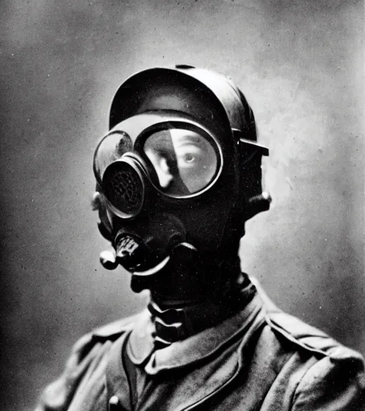 Image similar to man in a anti-radiation suit and gasmask, ww1 film photo, grainy, high detail, high resolution