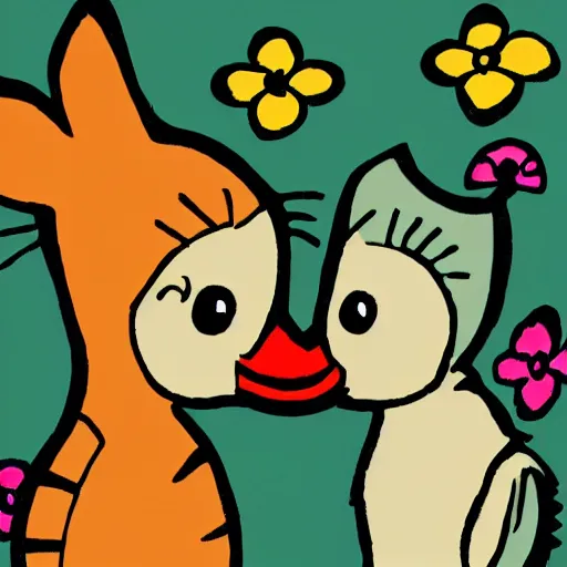 Image similar to a kitten and a duck in love cartoon