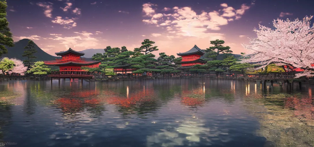 Prompt: very beautiful view of an ancient japanese city at night, large temples with glowing windows, glowing cherry blossom trees, watery lake with dappled reflections, icy mountains in the background, calm clouds, cinematic lighting, ultra detailed, sharp, ambient occlusion, raytracing, by dylan cole, sebastian meyer and jordan grimmer