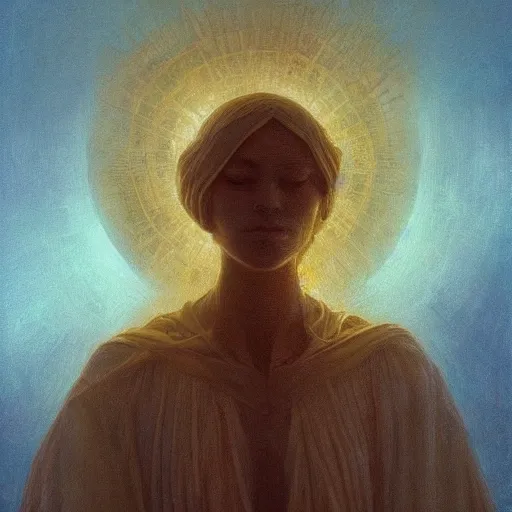 Prompt: a silhouette dressed with a shroud wears a golden human face, by jean delville and sophie anderson and mandy jurgens, golden ratio, perfect composition, elegant, no crop, extremely detailed, hd, masterpiece, artstation