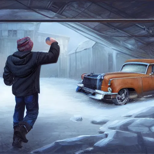 Image similar to concept art of rocky balboa lifting and old car in a barn, he wears a winter jacket and a beanie, matte painting, art concept, unreal engine, by aenaluck, artgerm and roberto ferri and greg rutkowski, blue and white tones, digital painting, artstation, concept art, smooth, sharp focus ilustration hq