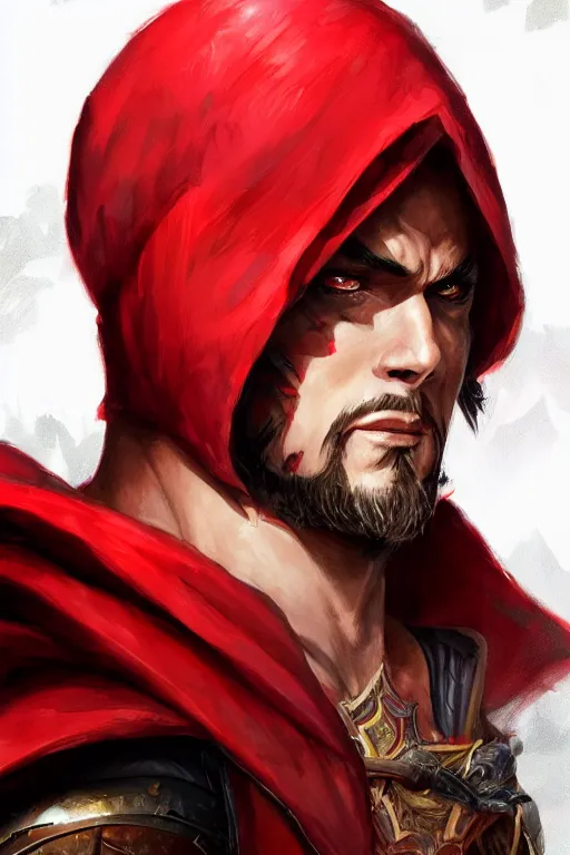 Image similar to wolf warrior in red cape and hood, d & d, fantasy, portrait, highly detailed, headshot, digital painting, trending on artstation, concept art, sharp focus, illustration, art by artgerm and greg rutkowski and magali villeneuve