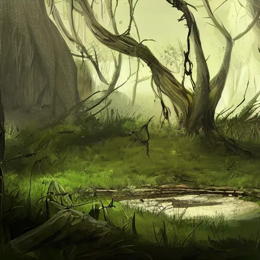 Prompt: concept art of abandoned skull, trees, puddles of water, bushes and leafs, by filip hoda
