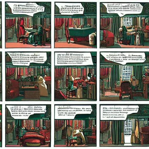 Image similar to a beautiful art installation. let ’ s see how long the rich can eat their money for comic strip by thomas cole, by chris ware desaturated