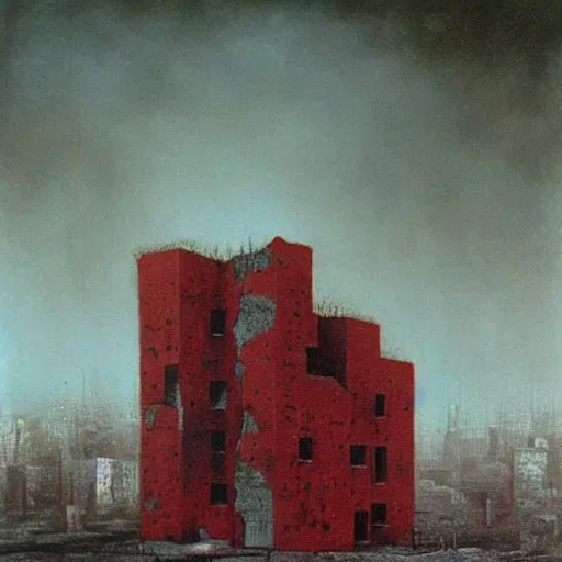 Image similar to surrealist painting of a brutalist building turning into meat, red webs, post apocalyptic, painted by beksinski