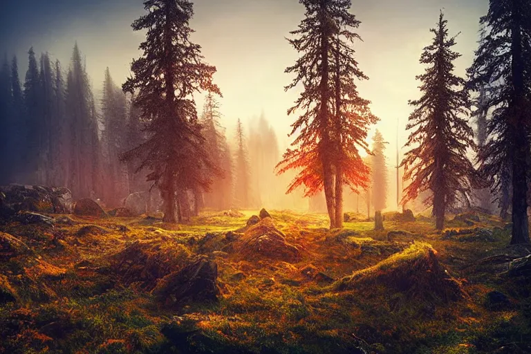 Prompt: new dawn, landscape, futuristic forest, beautiful, scenery, photography by alexey kurylev, cinematic