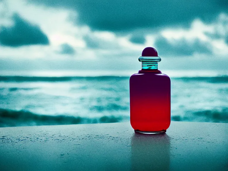 Image similar to cinestill 5 0 d photography of perfume bottle emerging from seafoam with marmelade sky / 4 style of nicholas fols, 2 0 0 mm, mute dramatic colours, soft blur outdoor stormy sea background, volumetric lighting, hyperdetailed, hyperrealistic