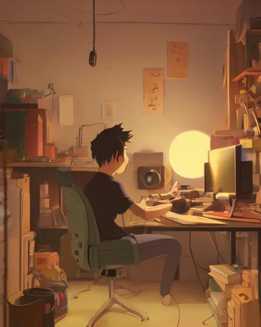 Prompt: producer making music late at night at his home studio, detailed, cory loftis, james gilleard, atey ghailan, makoto shinkai, goro fujita, studio ghibli, rim light, exquisite lighting, clear focus, very coherent, plain background, soft painting