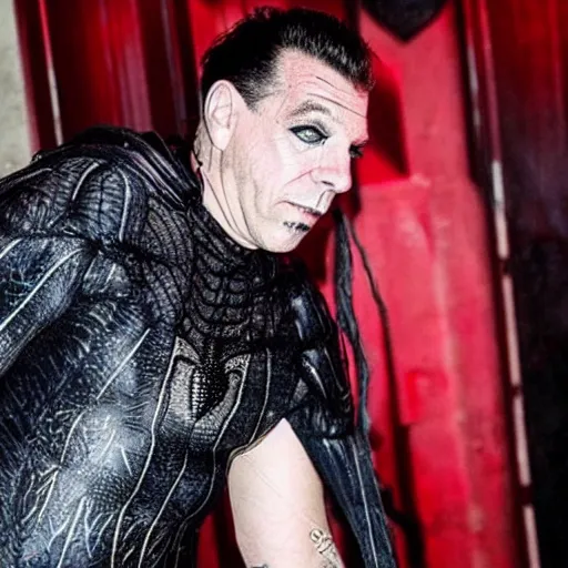 Image similar to till lindemann in costume of spider man