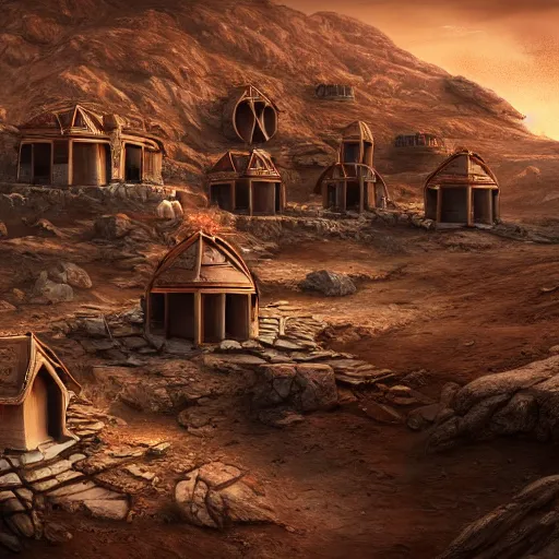 Prompt: elaborately detailed photo art of people already made houses on planet mars , high fantasy matte painting, atmospheric lighting, highly detailed illustration highlights, 8K detail post-processing, featured on DeviantArt, trending on cgsociety H 768