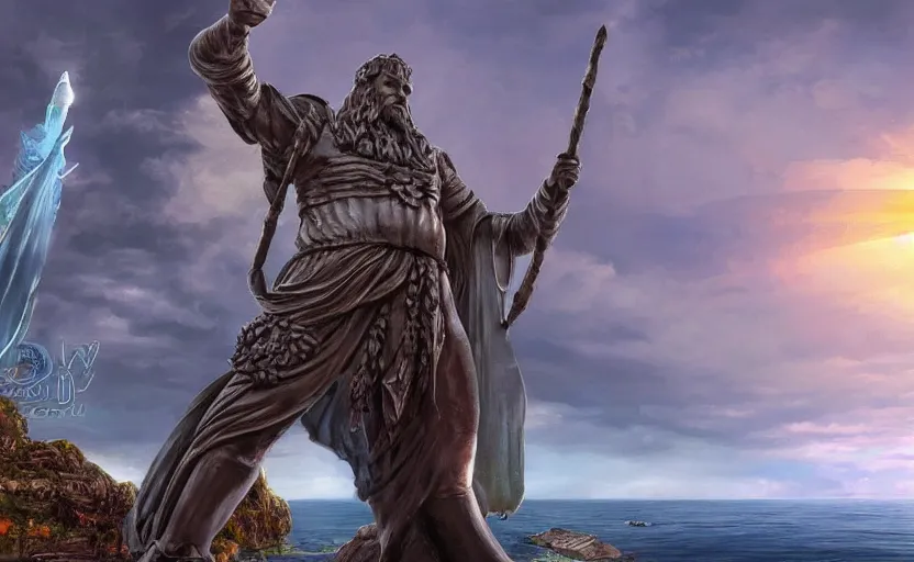 Image similar to A large statue of a wizard guarding the entrance to a port, landscape art, concept art, fantasy, inspiring, colossus of rhodes, bright lighting, colorful