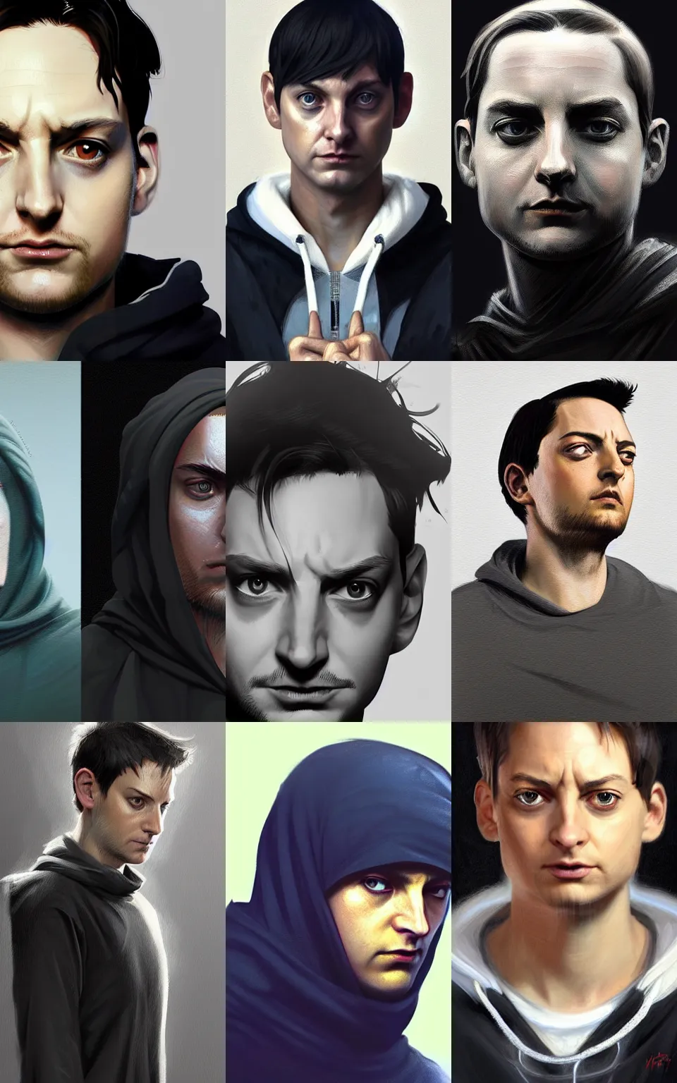 Prompt: character concept portrait, centralized head and upper torso, tobey maguire with extra eyes, in a black hoodie, style digital painting, concept art, smooth, sharp focus, illustration, from metal gear, by ruan jia and mandy jurgens and william - adolphe bouguereau, artgerm