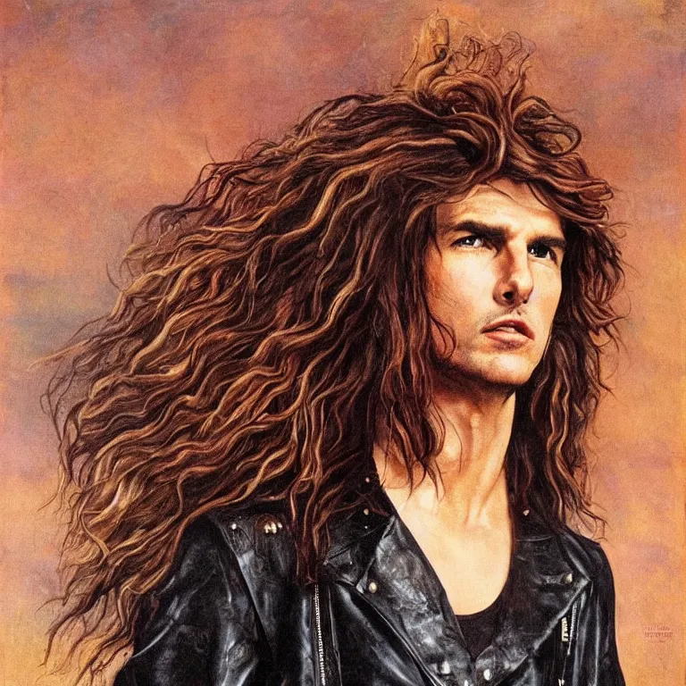 Prompt: Pre-Raphaelite portrait of Tom Cruise as the leader of a cult 1980s heavy metal band, with very long blonde hair, leather jacket with studs. high saturation