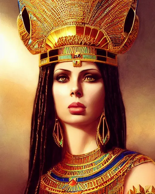 Image similar to Gianna Michaels as a beautiful egyptian princess, gorgeous, portrait, Symmetrical, powerful, intricate, beautiful, masterpiece, elegant, volumetric lighting, highly detailed, artstation, sharp focus, no cropping, illustration, Jean-Leon Gerome , ruan jia