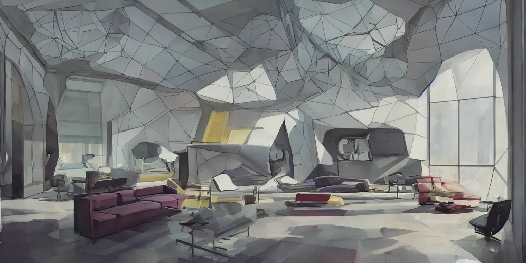 Image similar to a beautiful illustration of futuristic interior hall, lots of furniture, sofa, waiting room, big medium small, sacred geometry, golden ratio, in watercolor gouache detailed paintings, in style of syd mead, trending on artstation,8k, panel, hard surface, vent, zaha hadid, props, plant, cozy,decoration around the room, simon stalenhag, deus ex