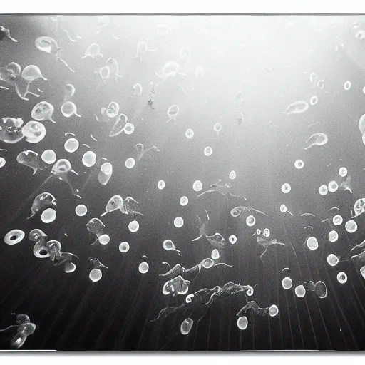 Image similar to bioluminiscent jellyfishes, award winning black and white photography